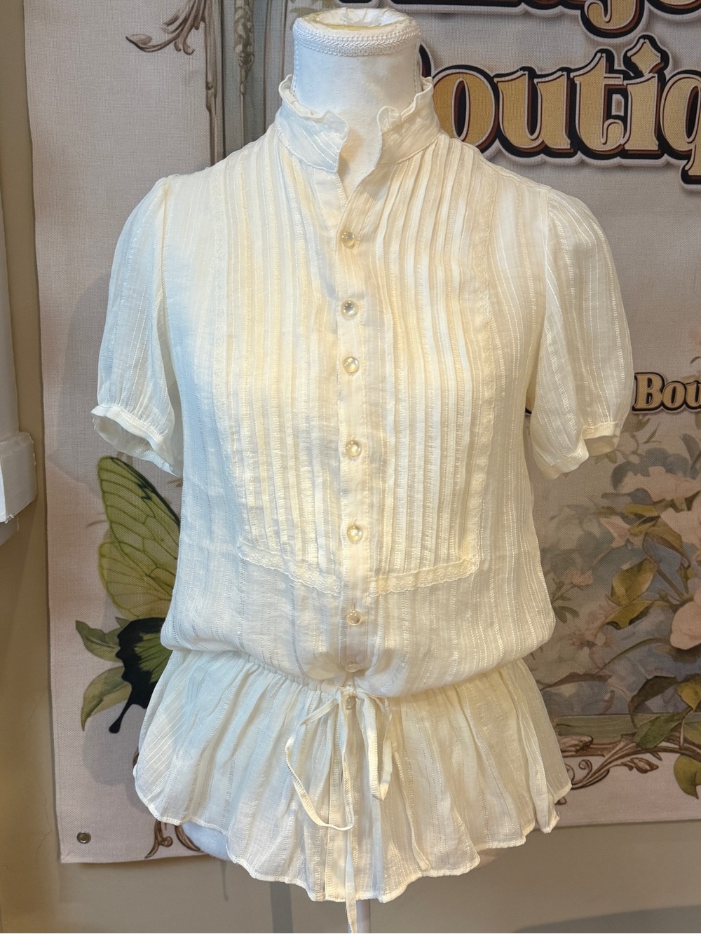 Women's Cream Pintuck Button-Front Peplum Top